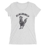 white tri-blend woman's t-shirt with black kikiriki rooster graphic on the front