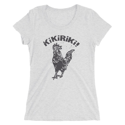 white tri-blend woman's t-shirt with black kikiriki rooster graphic on the front