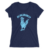 navy tri-blend woman's t-shirt with blue kikiriki rooster graphic on the front