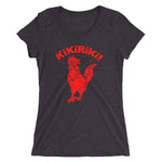 dark tri-blend woman's t-shirt with red kikiriki rooster graphic on the front