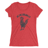 red tri-blend woman's t-shirt with black kikiriki rooster graphic on the front