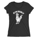 black tri-blend woman's t-shirt with white kikiriki rooster graphic on the front