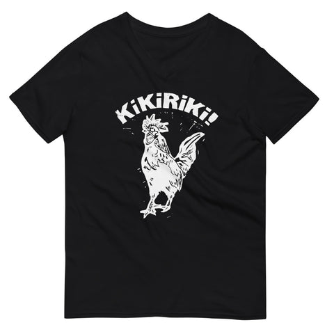 black v-neck t-shirt with white kikiriki rooster graphic on the front