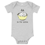 light gray onesie with a is for arroz graphic on the front