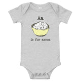 light gray onesie with a is for arroz graphic on the front