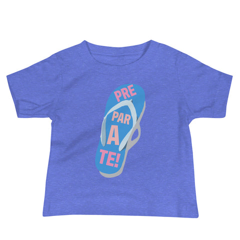 prepárate on a chancleta on a blue baby t-shirt