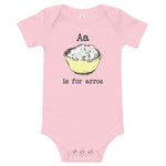 pink onesie with a is for arroz graphic on the front