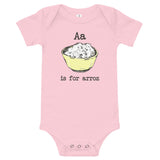 pink onesie with a is for arroz graphic on the front