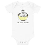 white onesie with a is for arroz graphic on the front