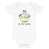 white onesie with a is for arroz graphic on the front