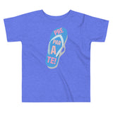 prepárate on a chancleta on a blue toddler t-shirt