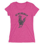 fuschia tri-blend woman's t-shirt with black kikiriki rooster graphic on the front