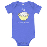 blue onesie with a is for arroz graphic on the front