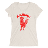 cream tri-blend woman's t-shirt with red kikiriki rooster graphic on the front