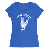 navy tri-blend woman's t-shirt with white kikiriki rooster graphic on the front